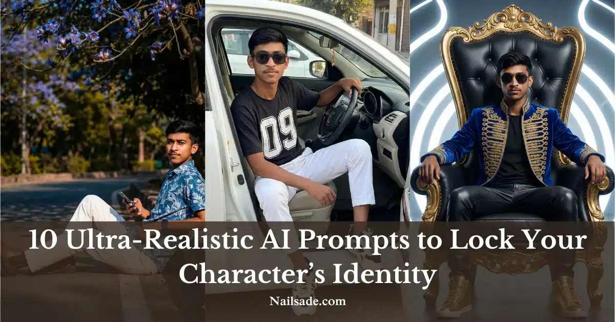 Collage of ultra-realistic AI portraits showing the same male character in three different cinematic settings—royal throne, car driving, and nature park—illustrating consistent face identity for the 10 Ultra-Realistic AI Prompts guide on Nailsade.com