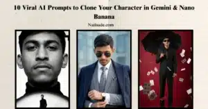 Featured image for 10 Viral AI Prompts guide showing a young man's consistent facial identity across three different AI-generated styles—monochrome artistic, modern business suit, and surreal raining cards—created using Gemini and Nano Banana prompts by Nailsade