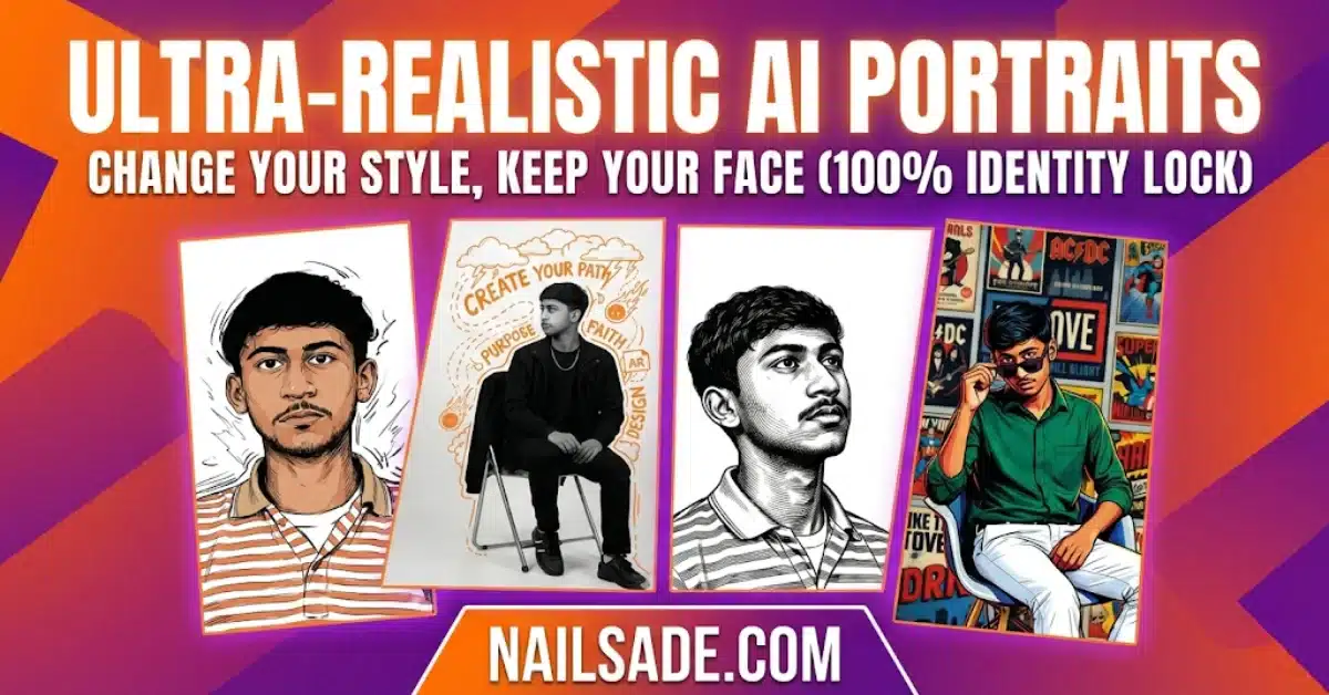 Ultra-realistic AI portrait variations keeping exact facial identity, featured on Nailsade.com